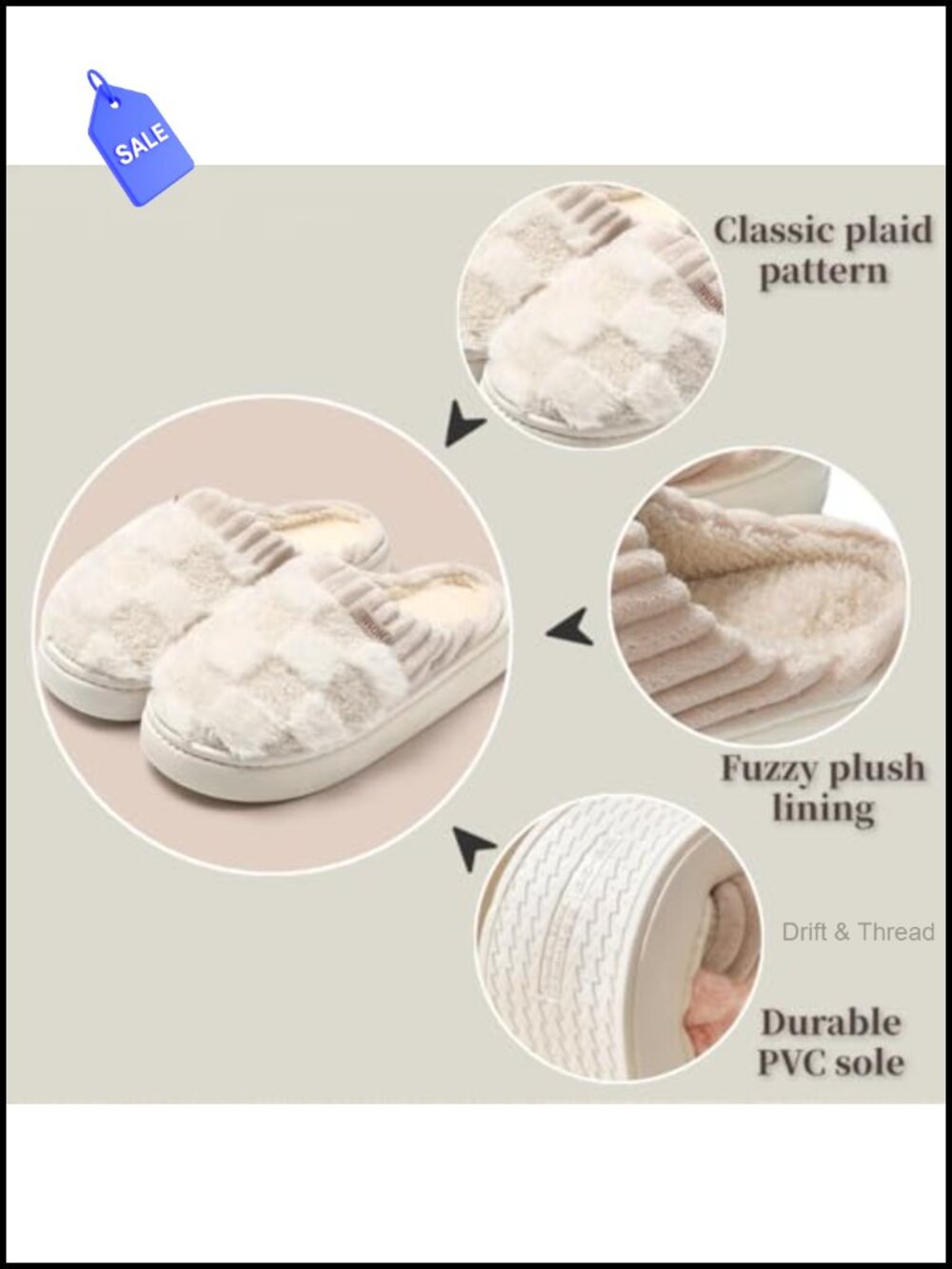 Plaid House Slippers Plush Fuzzy Warm Memory Foam Indoor Non-Slip - Picture 3 of 6